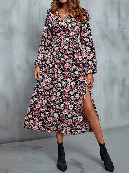 Floral V-Neck Slit Midi Dress-Angel Casuals