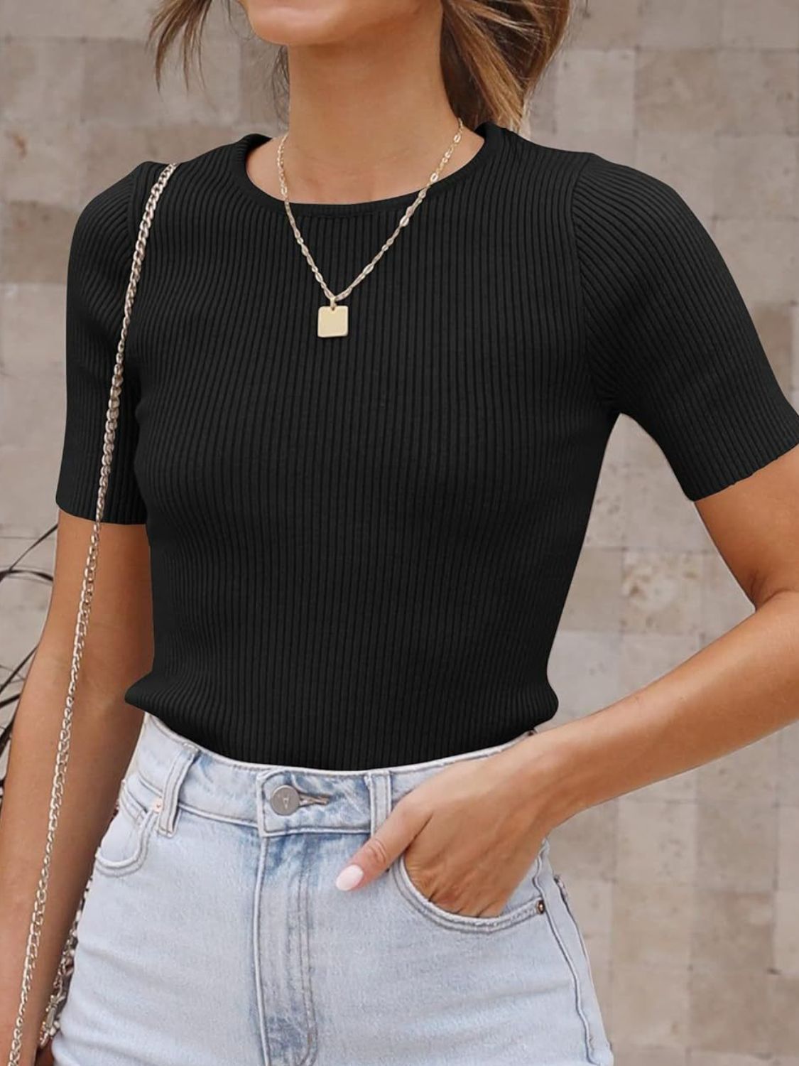 Mandy Ribbed Round Neck Short Sleeve Knit Top-Angel Casuals