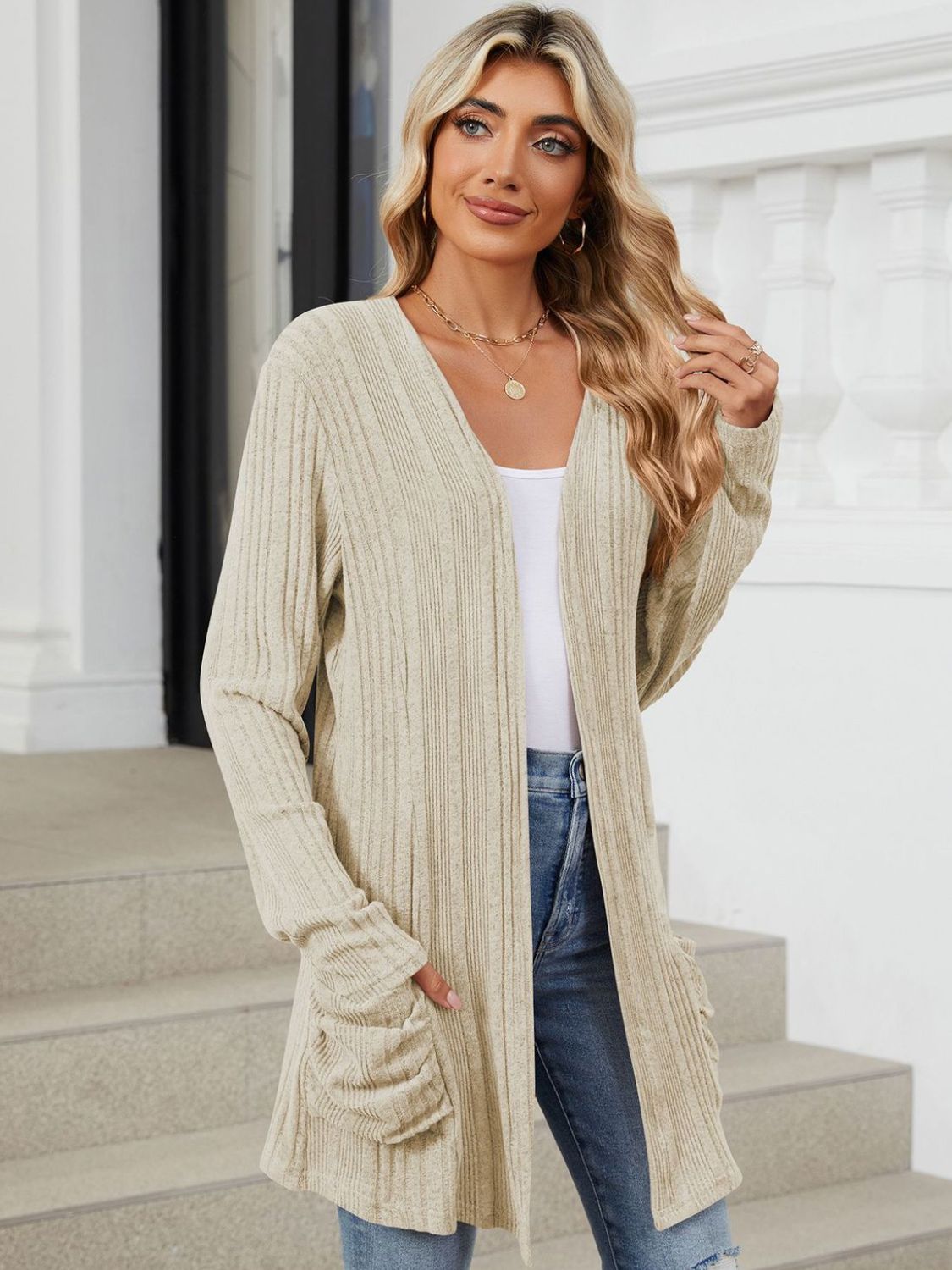 Pocketed Open Front Long Sleeve Cardigan-Angel Casuals