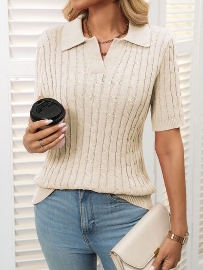 Mandy Cable Knit Johnny Collar Half Sleeve Sweater-Angel Casuals