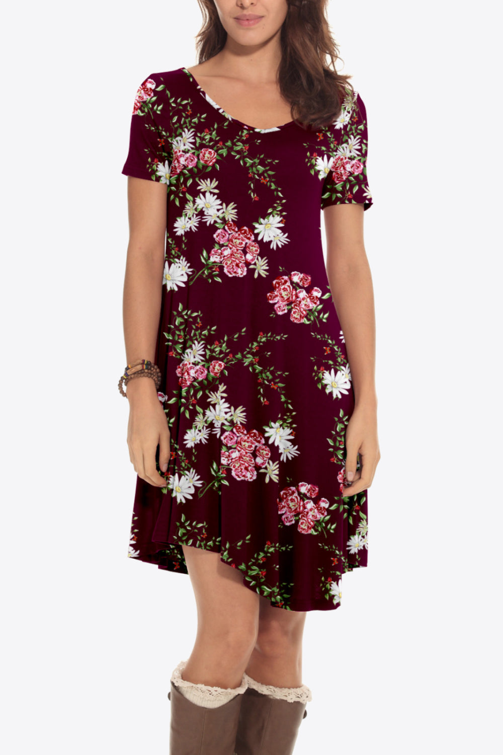 Floral Round Neck Short Sleeve Dress-Angel Casuals