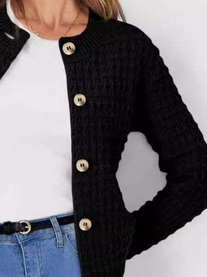 Button Up Round Neck Long Sleeve Cardigan-Angel Casuals