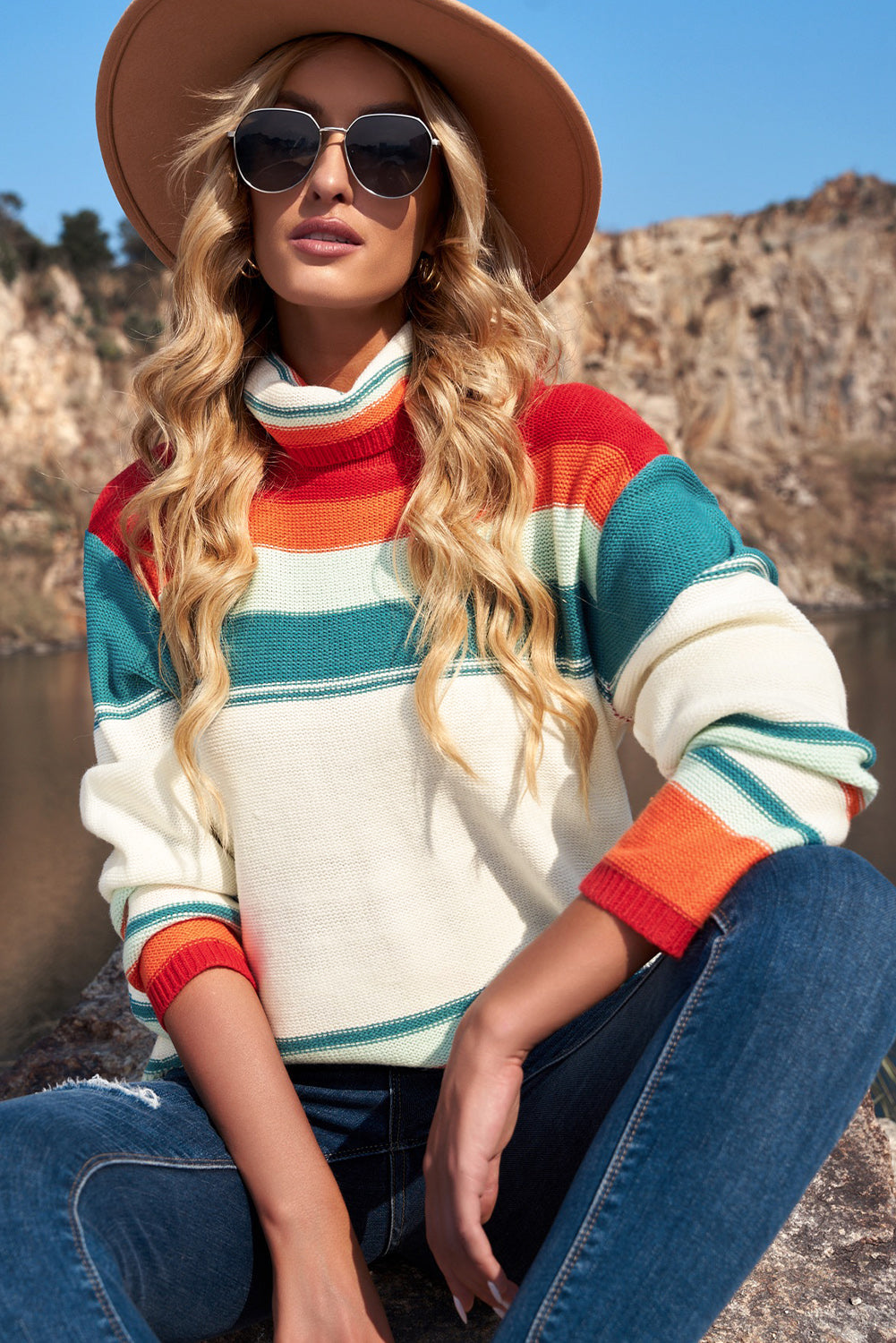 Contrast Striped Turtleneck Dropped Shoulder Sweater-Angel Casuals