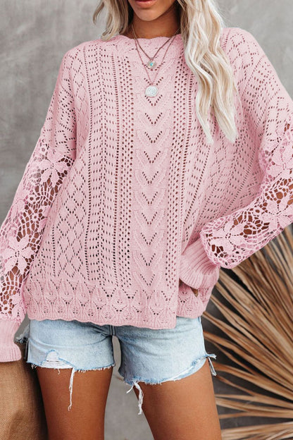 Openwork Round Neck Long Sleeve Sweater-Angel Casuals