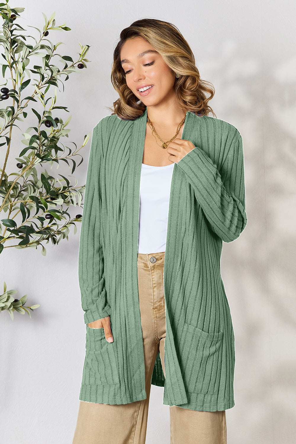 Basic Bae Full Size Ribbed Open Front Cardigan with Pockets-Angel Casuals