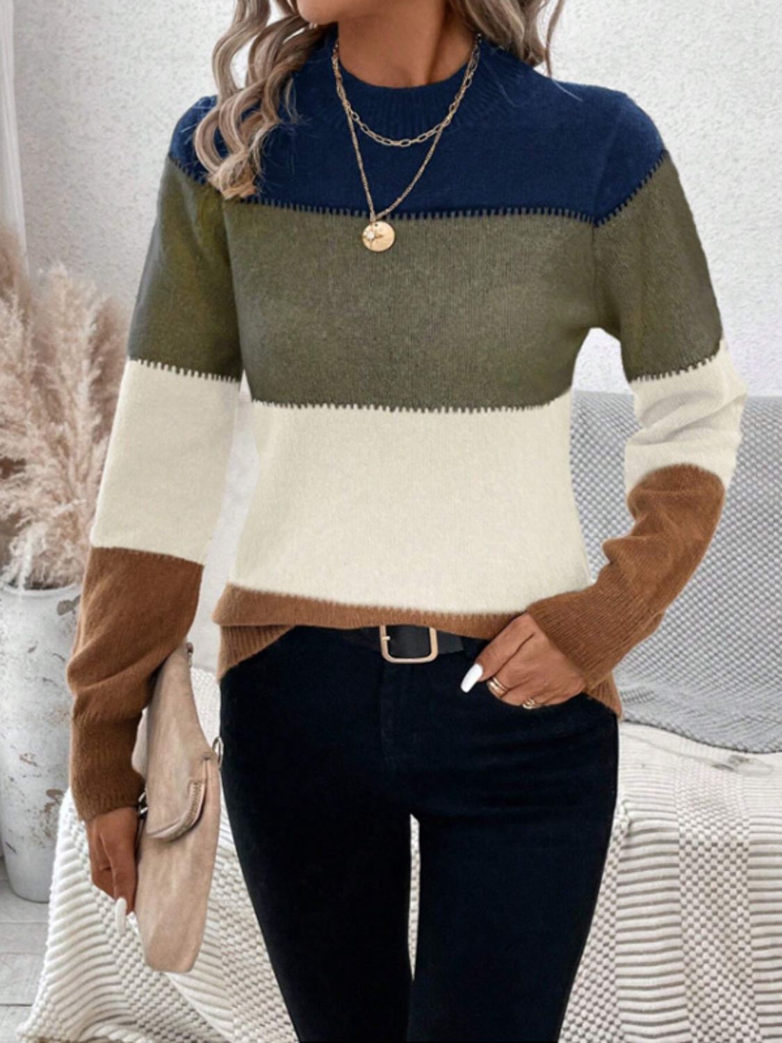 Color Block Mock Neck Long Sleeve Sweater-Angel Casuals