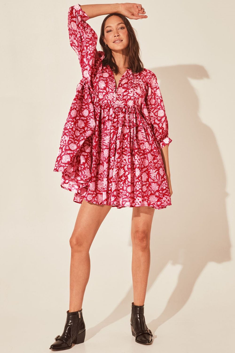 Floral Tie Neck Lantern Sleeve Dress-Angel Casuals