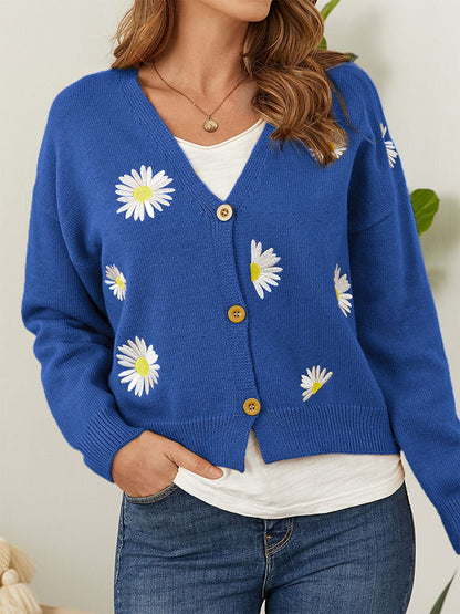 Flower Button Front Dropped Shoulder Cardigan-Angel Casuals