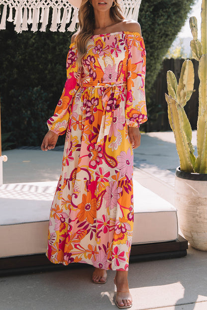 Printed Off-Shoulder Balloon Sleeve Maxi Dress-Angel Casuals