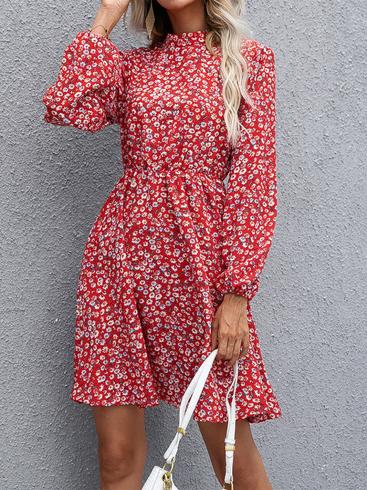 Floral Mock Neck Long Sleeve Dress-Angel Casuals