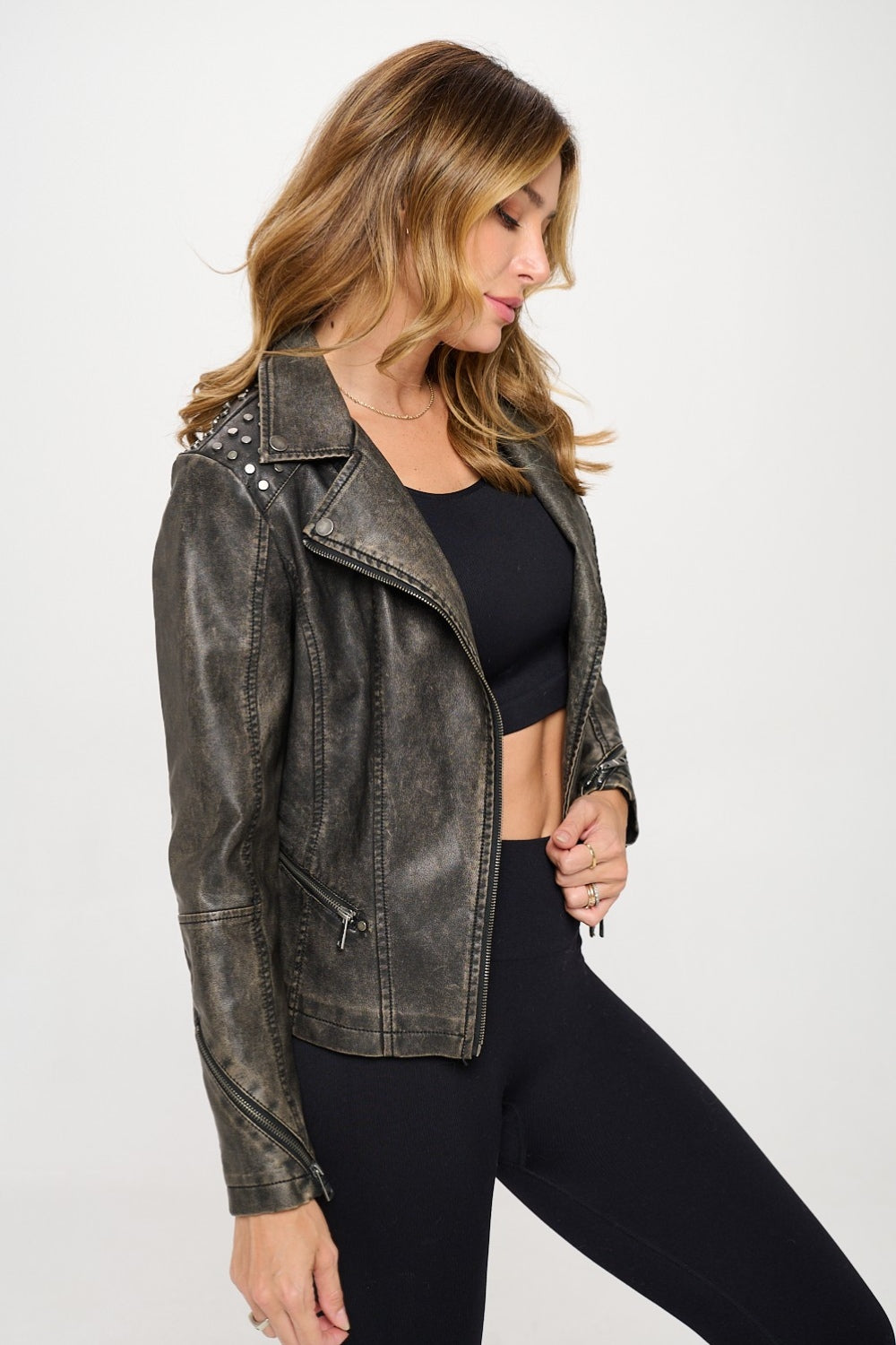 Coalition LA Studded Classic Moto Faux Leather Jacket-Angel Casuals