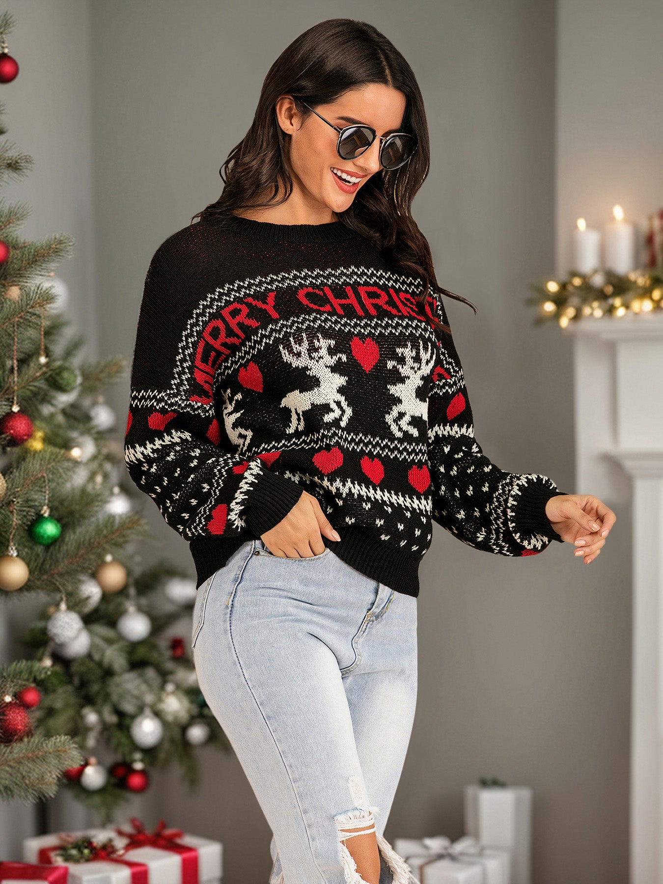 Perfee Christmas Element Round Neck Sweater-Angel Casuals