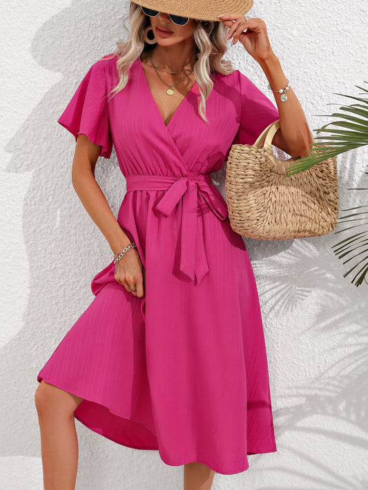 Surplice Neck Tie Belt Midi Dress-Angel Casuals