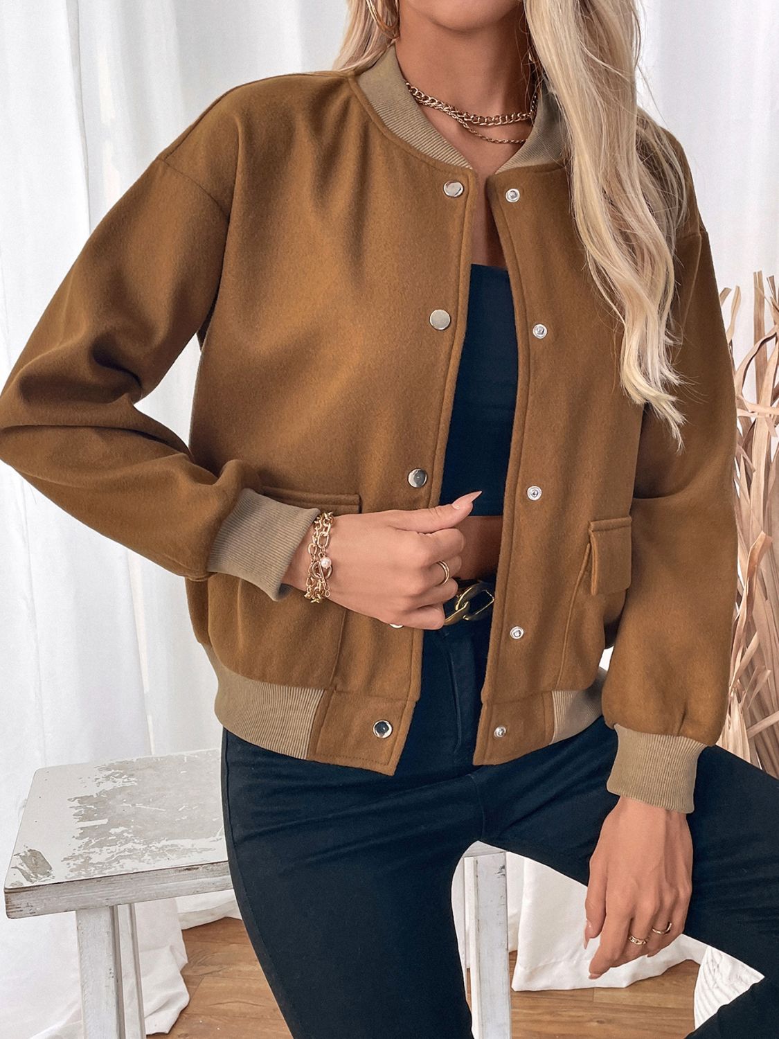 Perfee Baseball Collar Snap Down Long Sleeve Jacket-Angel Casuals