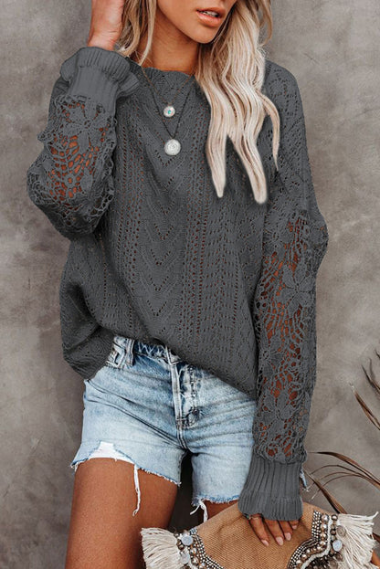 Openwork Lantern Sleeve Dropped Shoulder Sweater-Angel Casuals