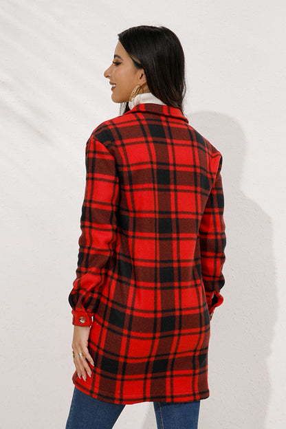 Shiny Plaid Collared Longline Coat-Angel Casuals