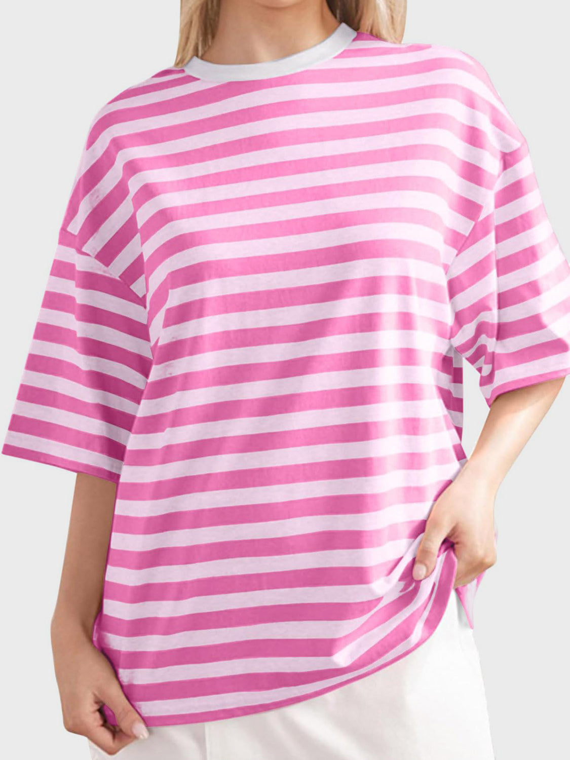 Striped Round Neck Half Sleeve T-Shirt-Angel Casuals