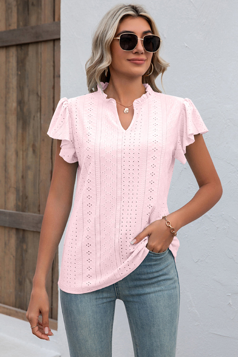 Eyelet Notched Flutter Sleeve T-Shirt-Angel Casuals