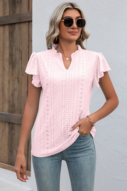 Eyelet Notched Flutter Sleeve T-Shirt-Angel Casuals