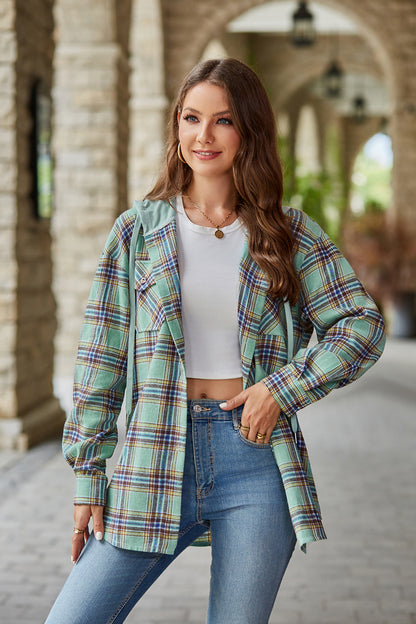 Mandy Plaid Long Sleeve Hooded Jacket-Angel Casuals