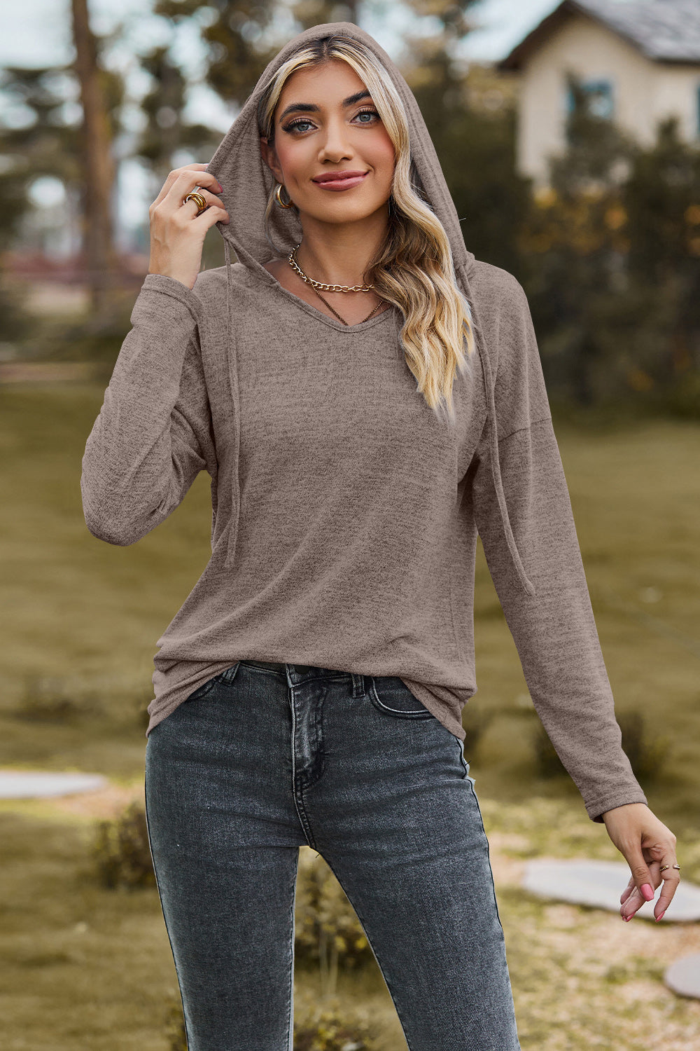 Drawstring Dropped Shoulder Hooded T-Shirt-Angel Casuals