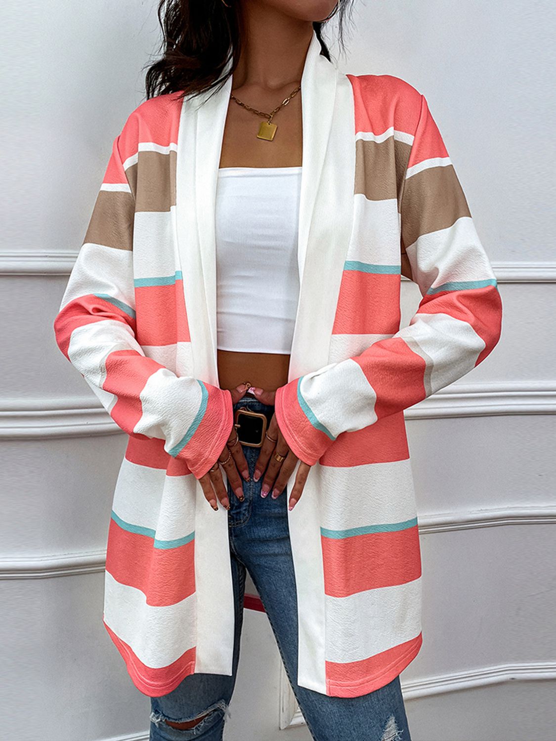 Shiny Striped Open Front Longline Cardigan-Angel Casuals