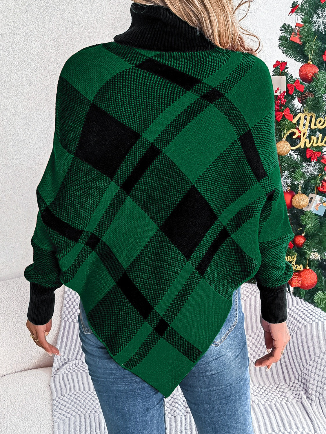 Plaid Turtleneck Batwing Sleeve Sweater-Angel Casuals