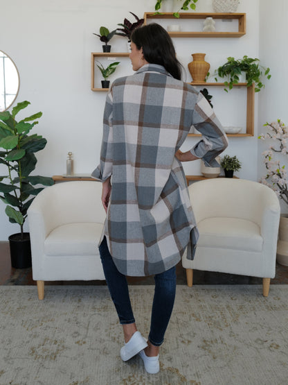 FAM-FAM Plaid Collared Neck Long Sleeve Longline Jacket-Angel Casuals