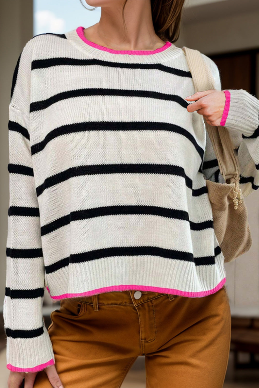 Striped Round Neck Long Sleeve Sweater-Angel Casuals