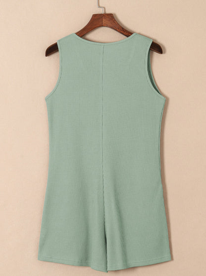 Waffle-Knit Half Button Sleeveless Romper with Pockets-Angel Casuals