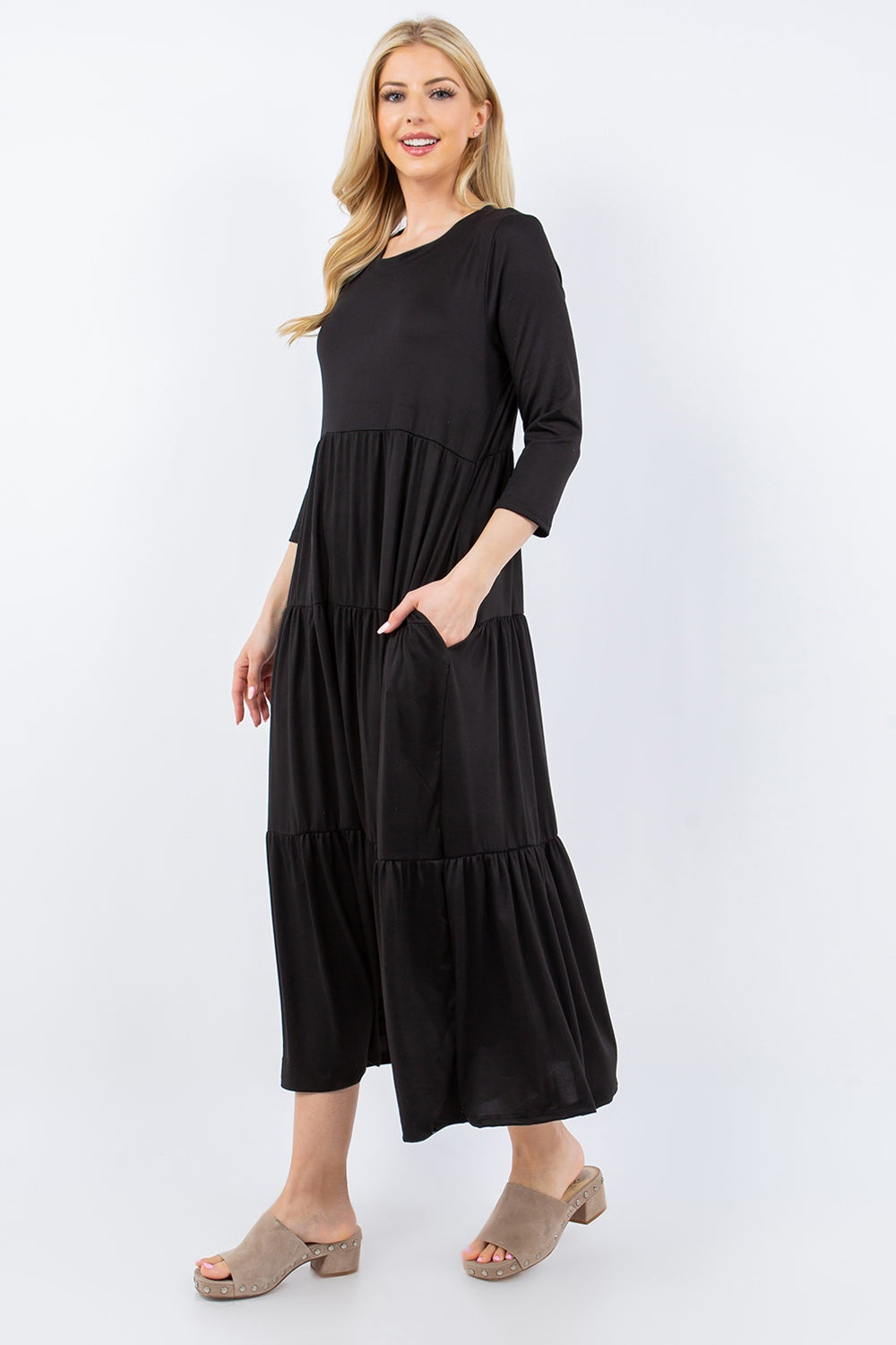 Celeste Full Size Tiered Midi Dress with Pockets-Angel Casuals