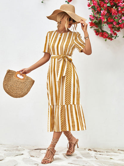 Striped Tie Belt Round Neck Puff Sleeve Dress-Angel Casuals