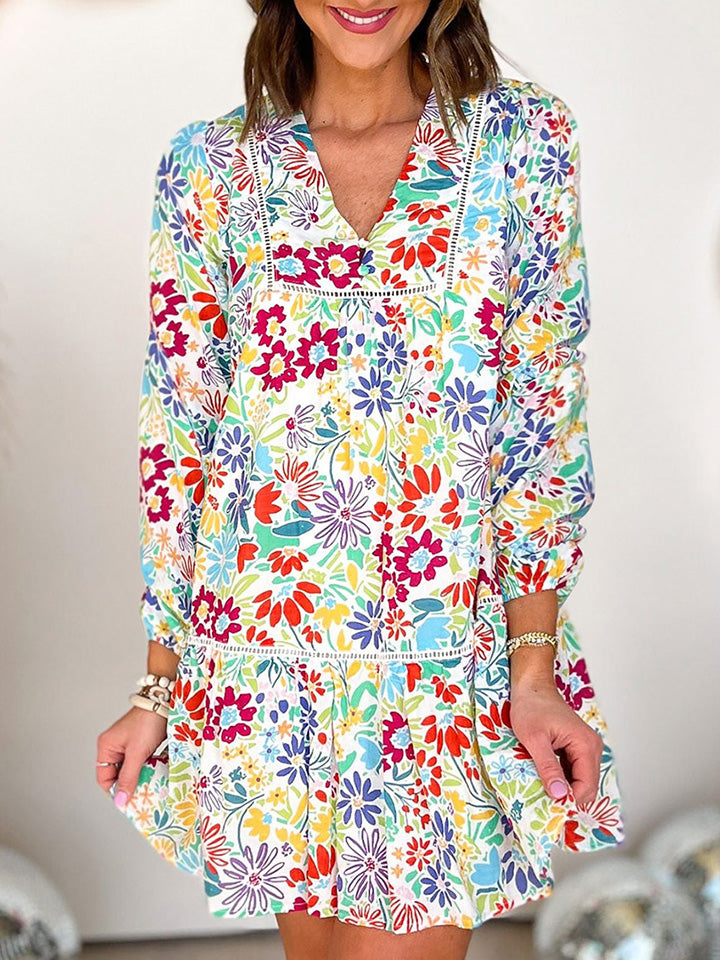 V-Neck Floral Print Long Sleeve Mini Dress-Angel Casuals