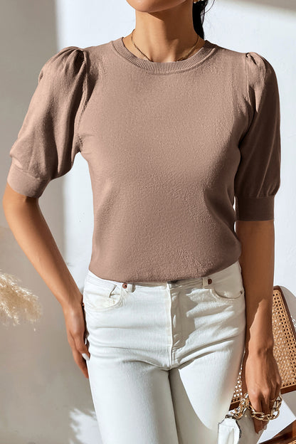 Round Neck Puff Sleeve Knit Top-Angel Casuals