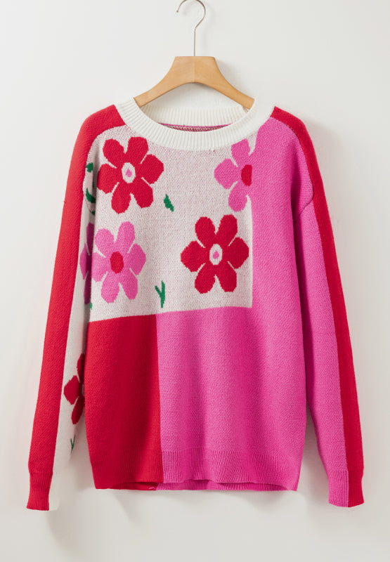 Flower Color Block Round Neck Sweater-Angel Casuals