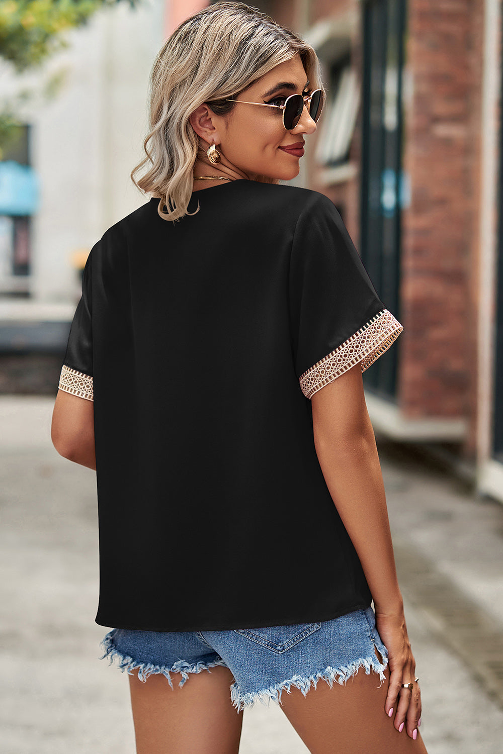 Openwork V-Neck Short Sleeve T-Shirt-Angel Casuals