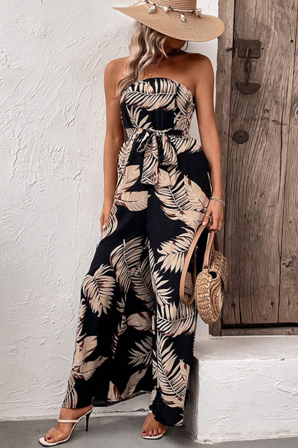 Printed Strapless Wide Leg Jumpsuit with Pockets-Angel Casuals