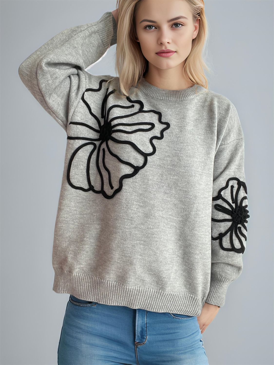 Flower Round Neck Long Sleeve Sweater-Angel Casuals