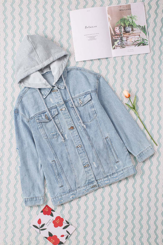 Distressed Hooded Denim Jacket-Angel Casuals