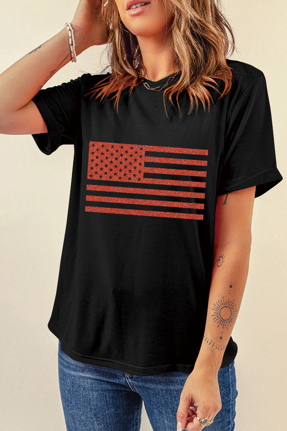 US Flag Round Neck Short Sleeve T-Shirt-Angel Casuals