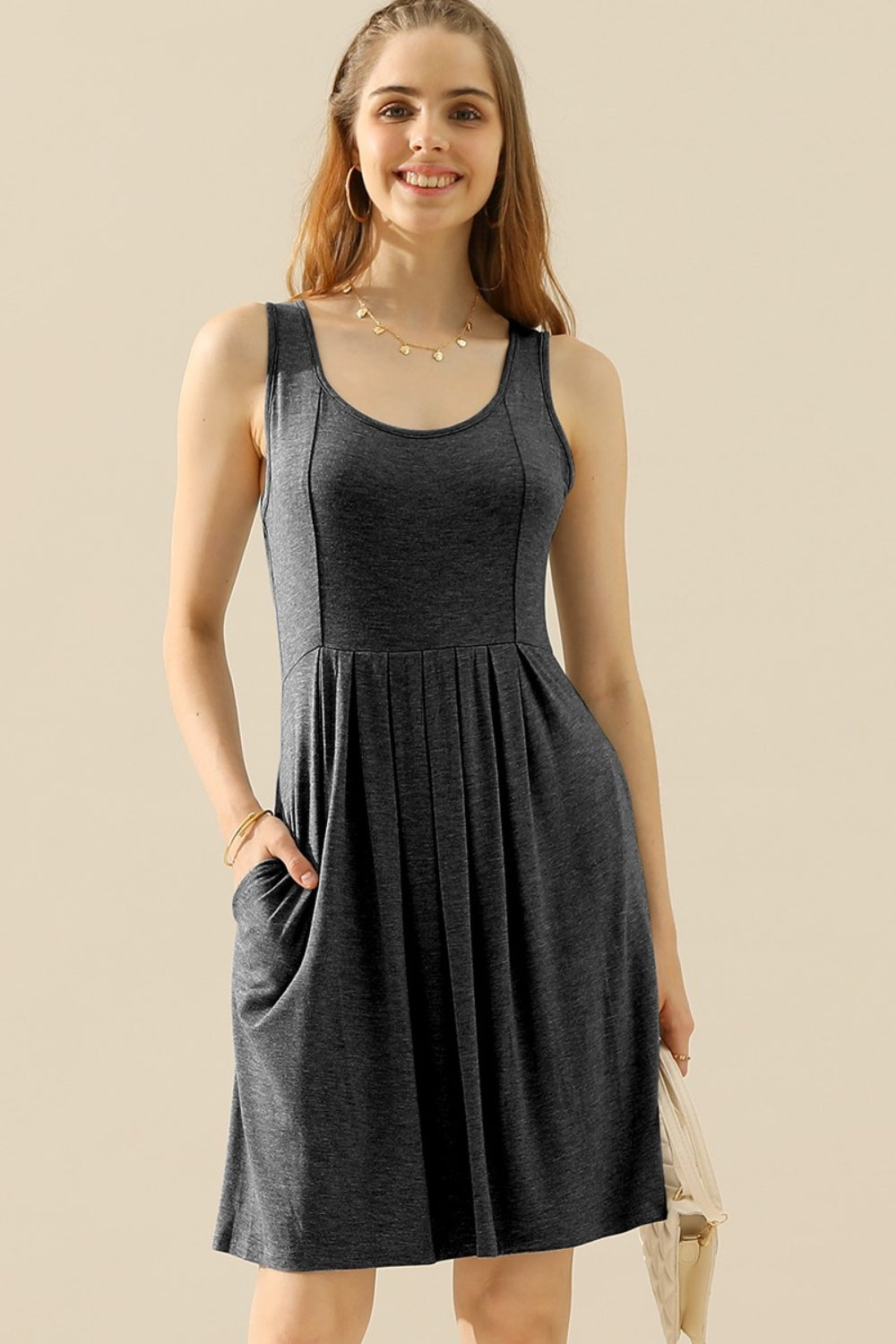 Doublju Full Size Round Neck Ruched Sleeveless Dress with Pockets-Angel Casuals