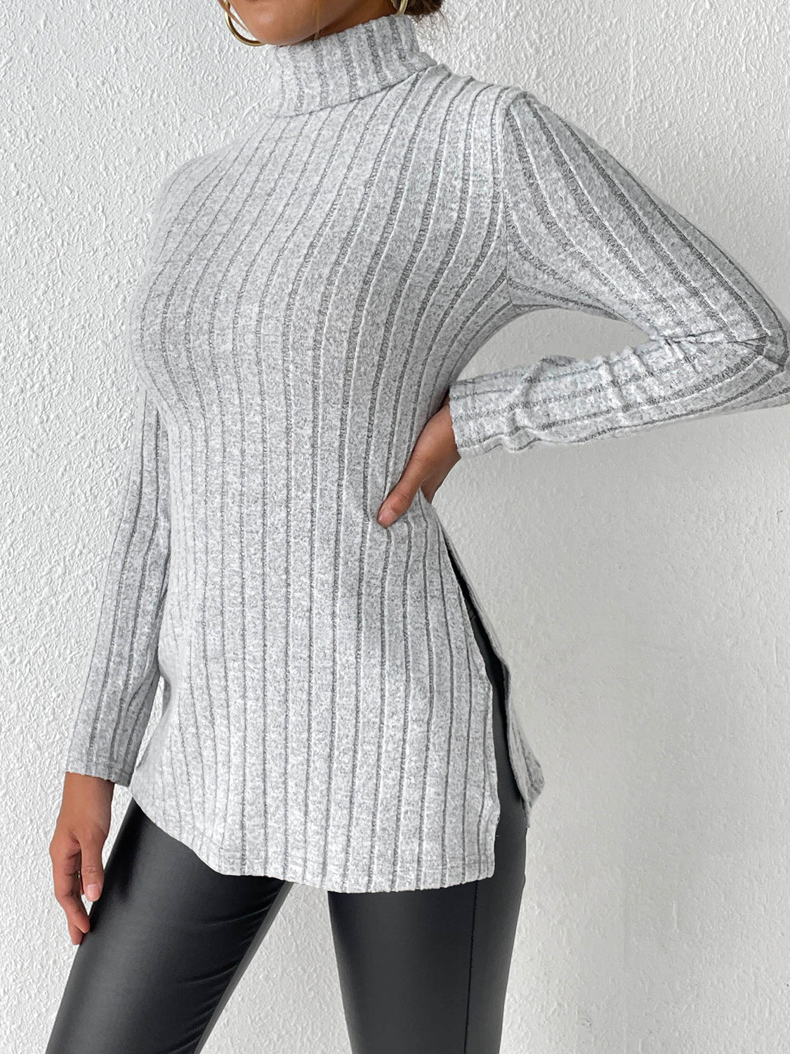 Ribbed Turtleneck Long Sleeve Slit T-Shirt-Angel Casuals