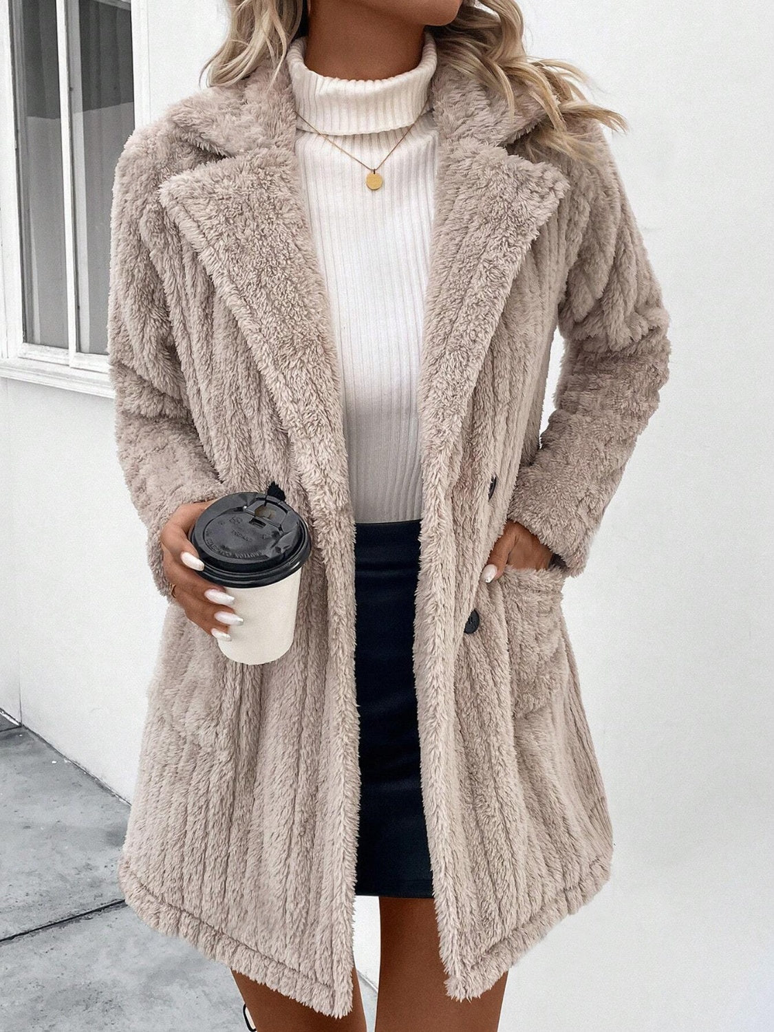 Fuzzy Button Up Long Sleeve Coat with Pockets-Angel Casuals