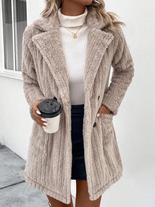 Fuzzy Button Up Long Sleeve Coat with Pockets-Angel Casuals