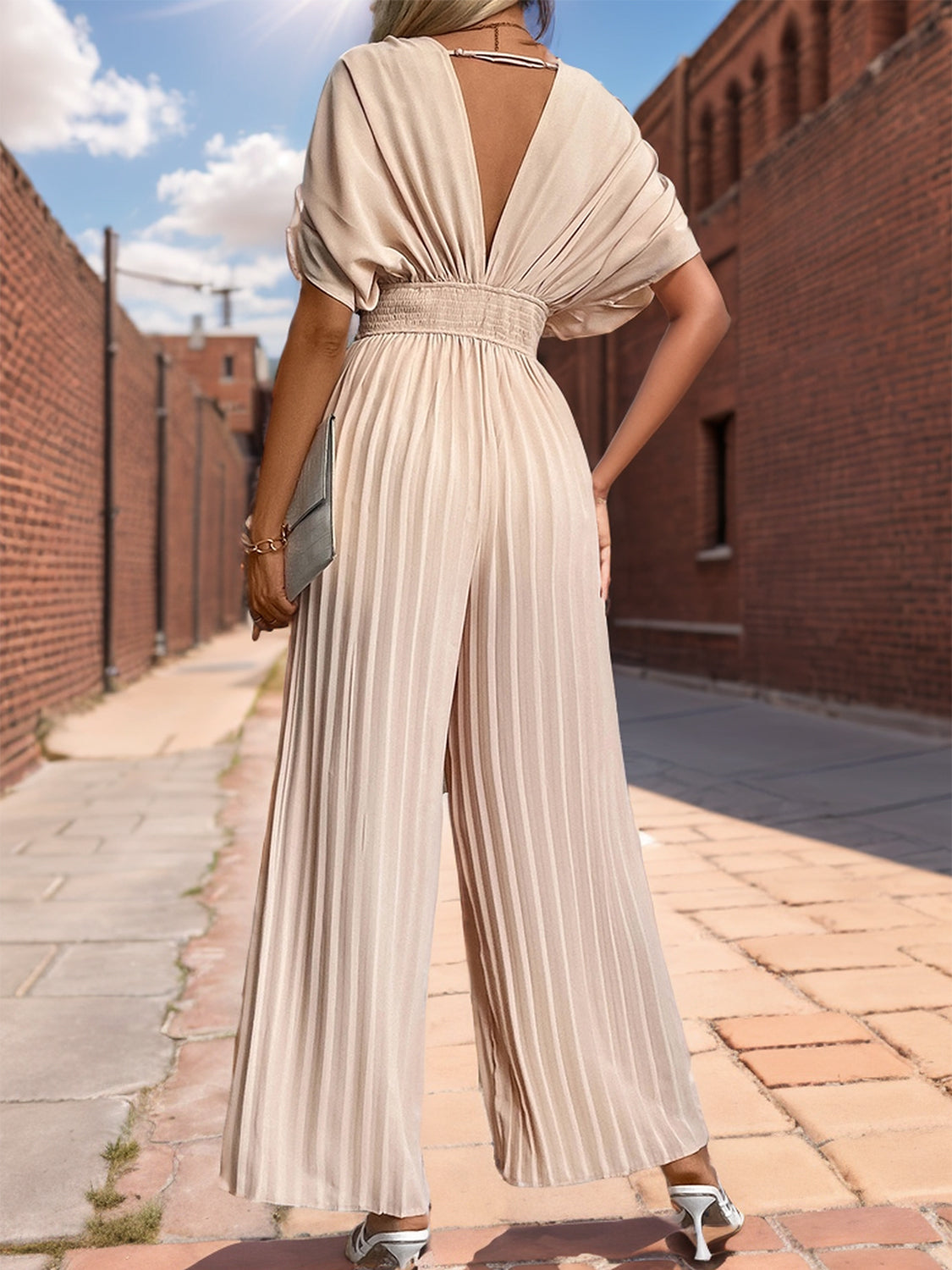 Pleated Short Sleeve Wide Leg Jumpsuit-Angel Casuals