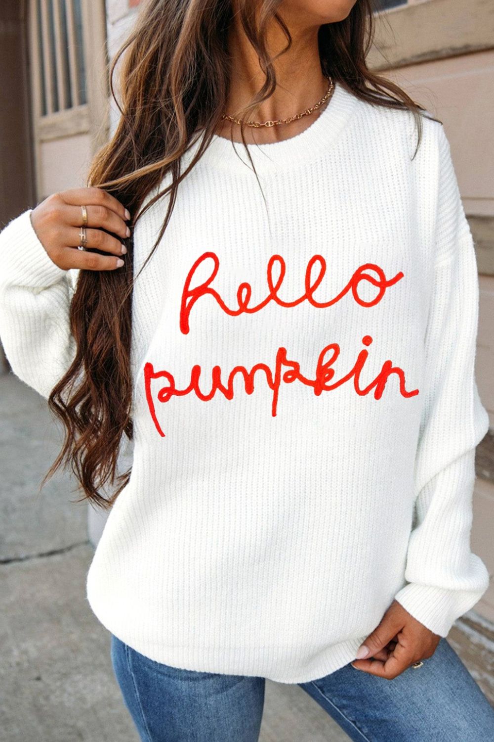 HELLO PUMPKIN Round Neck Long Sleeve Sweater-Angel Casuals