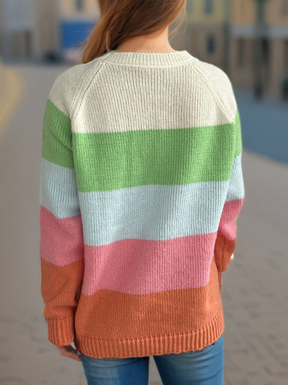 Color Block Round Neck Long Sleeve Sweater-Angel Casuals