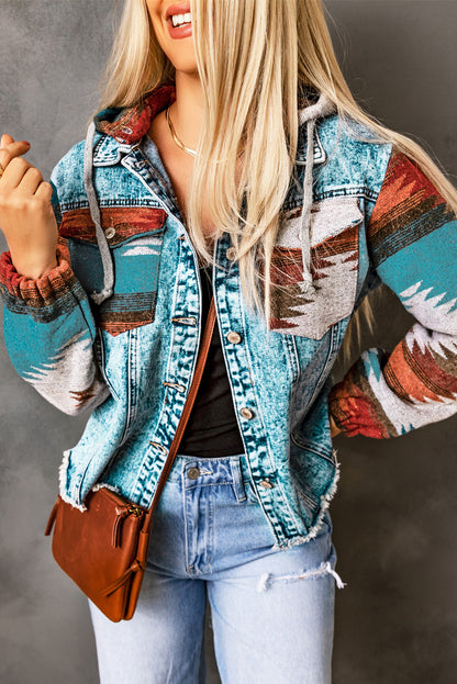 Drawstring Hooded Pocketed Denim Jacket-Angel Casuals