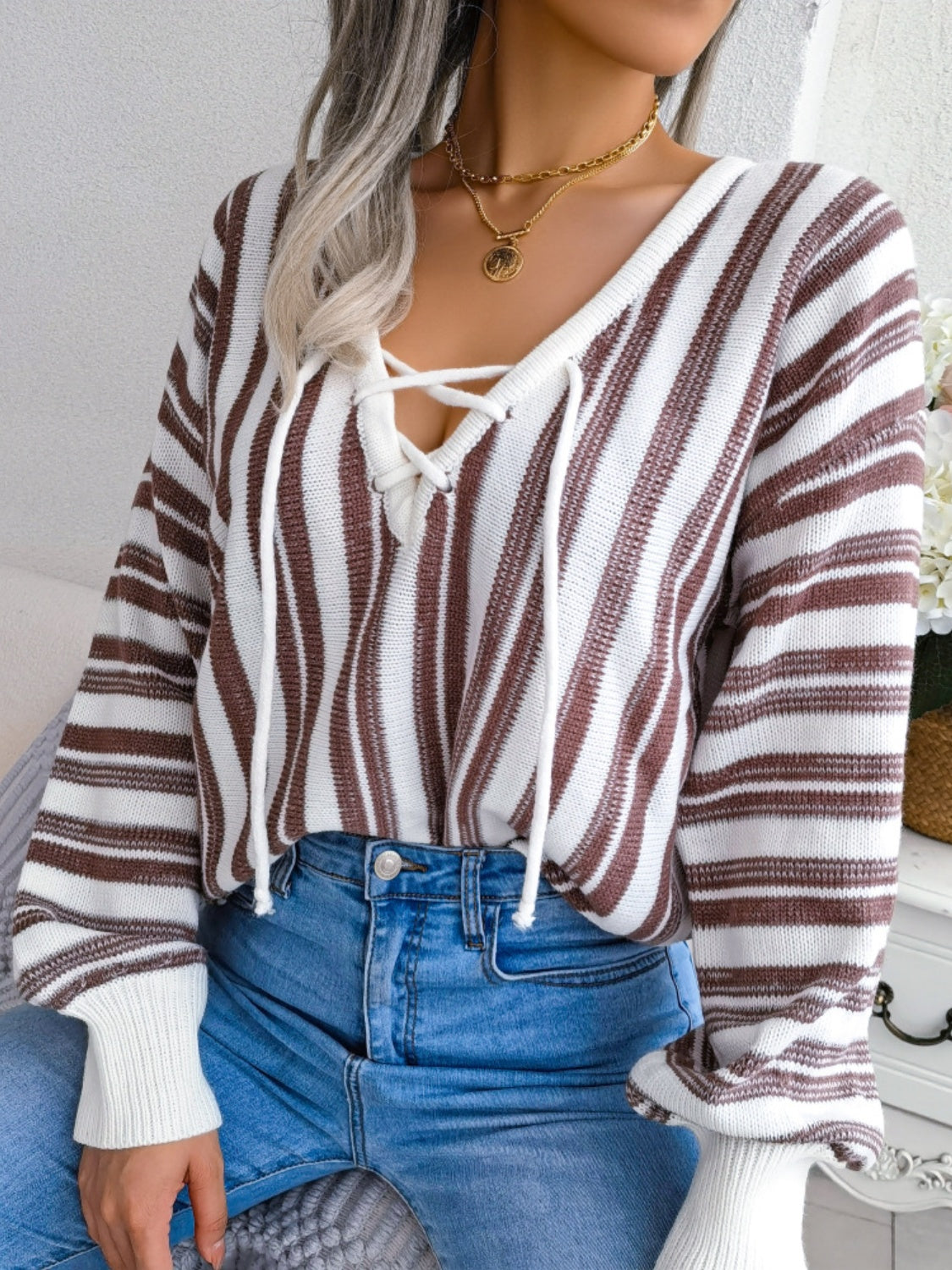 Striped Lace-Up Long Sleeve Sweater-Angel Casuals