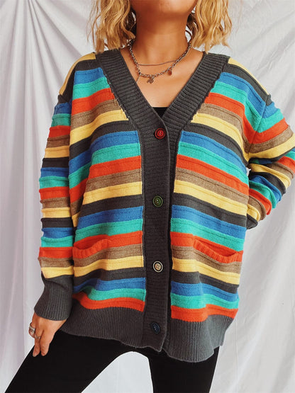 Contrast Stripes Button Up Long Sleeve Cardigan-Angel Casuals